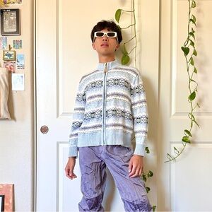 Vintage Blue Winter Knit Zip-Up Sweater